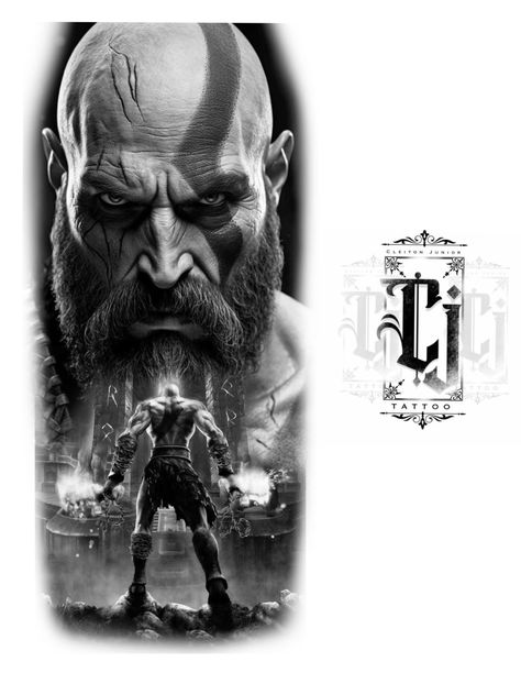 Kratos Tattoo Ideas, Kratos Tattoo Design, Drum Tattoo, Zeus Tattoo, God Of Wars, Naruto Painting, Realistic Tattoo Sleeve, Chicano Style Tattoo, Geek Tattoo