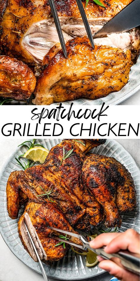 Flatten out your dinner plans with this easy-to-make grilled spatchcock chicken. It's juicy, full of flavor, and perfect for the grill. Your family will love this tasty and healthy meal! Whole Chicken On Blackstone, Spatchcock Chicken Marinade, Whole Grilled Chicken Recipes, Splayed Chicken Recipes, Flattened Chicken Recipes Bbq, Chicken Spatchcock Recipe, Grilling Whole Chicken, Whole Chicken On Grill Recipes, Whole Chicken Recipes Grill