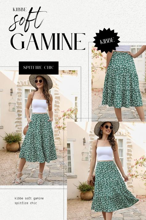 Gamine Outfits, Midi Skirt With Pockets, Soft Gamine, Aline Skirt, Outfit Primavera, Elastic Waist Skirt, Floral Midi Skirt, Boho Summer, Summer Casual