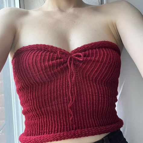 🧸 handmade dainty bustier knit tube top with bow... - Depop Tube Top Knitting Pattern, Knitting Tube Top, Crocheted Tube Top, Knot Front Knit Embroidered Tube Top, Ribbon Tube Top, Coquette Tube Top, Red Crochet Top, Knit Tube Top, Crochet Tube Top