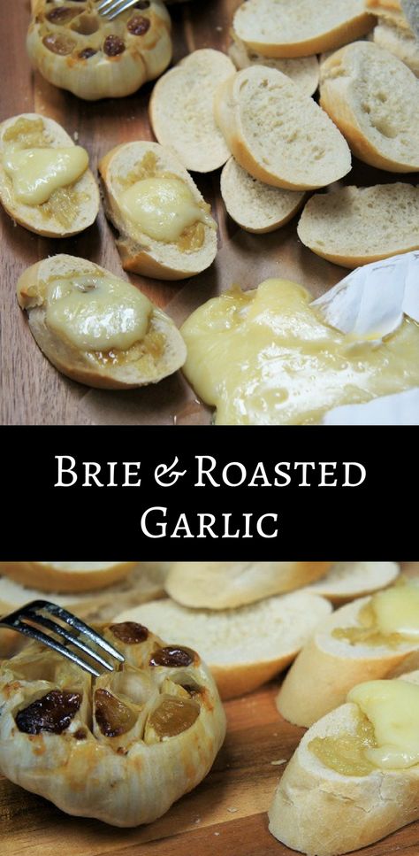 Brie And Garlic Baked, Brie On Baguette, Roasted Brie Cheese, Brie And Roasted Garlic, Roasted Garlic Baked Brie, Baked Garlic Recipe, Brie And Baguette, Brie Baguette Appetizers, Baked Brie With Garlic And Honey