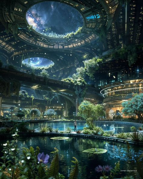 Fred Roma | 🌌🌿Gardens Among the Stars 🌟🌱 The Verdant Voids are enchanting space gardens and cities orbiting within a remote solar system. These… | Instagram Futuristic Forest City, Futuristic Alien City, Sci Fi City Art, Solar Punk Aesthetic, Futuristic Forest, Floating Building, Solarpunk City, Advanced City, Floating Landscape