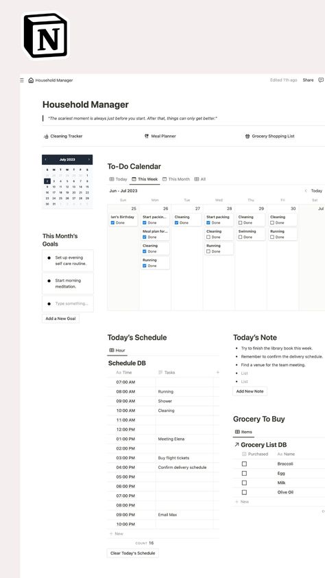 Notion template for household including Dashboard, cleaning tracker, meal planner, grocery list by OI Design Lab Minimalist Notion Dashboard, Notion Template Ideas Cleaning, Notion Weekly Planner, Notion Cleaning Template, Notion Home Management, Notion Household, Meal Planning Notion, Notion Household Template, Life Planner Organization