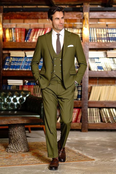 Immerse yourself in the timeless charm of the Khaki Double-Breasted Suit 2-Piece by VIOSSI, a versatile ensemble that transitions effortlessly from formal events to stylish gatherings, ensuring you make a lasting impression wherever you go.  #suit #suits #eveningattire #menattire #styleinspiration #menstyle #gentleman #khakisuit Men Suit Design, Check Suits For Men, Green 3 Piece Suit, Wedding Men Suit, Suit Set For Men, Wedding Suit Men, 3 Piece Suit Wedding, Khaki Suit, Modern Fit Suit