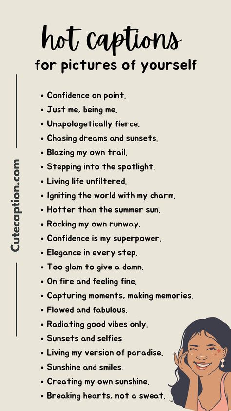 + attention-grabbing captions for your selfies, mirror pics, and other photos of yourself to help you stand out on social #Captions_For_Pictures_Of_Yourself #Captions_For_Pictures #Short_Instagram_Quotes #One_Word_Instagram_Captions Hot Captions, Captions For Pictures Of Yourself, Captions For Pictures, Ig Caption, One Word Instagram Captions, Short Instagram Quotes, Photo Captions, Insta Caption, Witty Instagram Captions