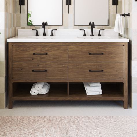 The allen + roth Lenhart transitional warm walnut bathroom vanity is a perfect fusion of timeless elegance and contemporary functionality. The rich walnut finish adds warmth to your space, complemented by a stone top that exudes luxury. The attached white ceramic undermount sink enhances the sleek design, creating a sophisticated focal point for your bathroom. The vanity top is pre-drilled for one widespread faucet and the vanity arrives pre-assembled, allowing for easy installation. allen + roth Lenhart 60-in Warm Walnut Undermount Double Sink Bathroom Vanity with White Natural Veining Engineered Stone Top in Brown | LWSLH60V 60” Bathroom Vanity, Walnut Vanity Bathroom, Small Double Vanity Bathroom, Dark Wood Bathroom Vanity, Small Double Vanity, Walnut Bathroom Vanity, Walnut Bathroom, 60" Bathroom Vanity, Dark Wood Bathroom