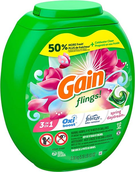 Gain flings Laundry Detergent Soap Pacs, HE Compatible, 112 ct, Long Lasting Scent, Spring Daydream Gain Laundry Detergent, Gain Detergent, Gain Laundry, Bossbabe Quotes Motivation, 90s Home, Scent Booster, Cleaning Stuff, Amazon River, Cleaning Items