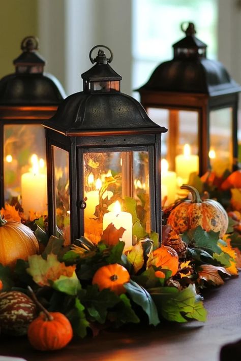 Rustic Lantern Centerpieces for Thanksgiving Tables - Recipes Time Centerpieces For Thanksgiving, Rustic Lantern Centerpieces, Thanksgiving Tables, Lantern Wedding, Lantern Centerpiece Wedding, Wedding October, Lantern Centerpieces, Rustic Lanterns, Wedding Lanterns