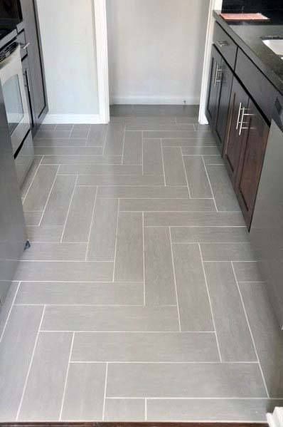 Top 50 Best Kitchen Floor Tile Ideas - Flooring Designs Herringbone Tile Floor, Kitchen Floor Tile Patterns, Grey Tile Kitchen Floor, Best Flooring For Kitchen, Herringbone Tile Floors, Patterned Bathroom Tiles, Gray Tile, Kitchen Floor Tiles Ideas, Floor Tile Design