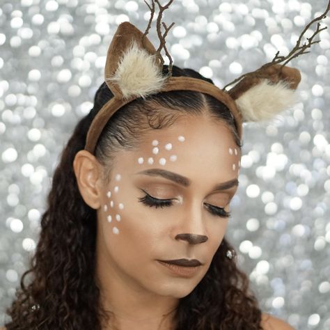 The Deer Makeup Look You Need To Try For Halloween This Year Deer Costume Ideas For Women, Women’s Deer Makeup, Halloween Makeup For Teachers, Teacher Halloween Makeup, Deer Costume Women Makeup, Simple Deer Makeup, Reindeer Makeup Simple, Easy Deer Makeup, Sheep Makeup