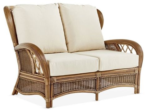 Bali Rattan Loveseat, Almond Brown/Canvas $1,195.00 Indoor Rattan Furniture, Rattan Furniture Living Room, Tropical Furniture, Rattan Loveseat, Pub Furniture, Wicker Loveseat, Florida Room, Family Room Design, Rattan Furniture