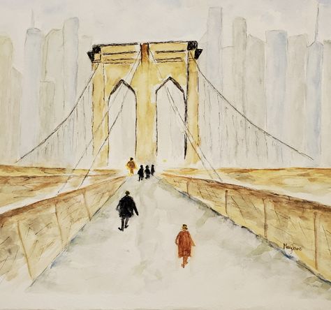 Brooklyn Bridge Watercolor, Brooklyn Bridge Painting, Bridge Watercolor, Bridge Painting, Watercolor Drawing, Painting Watercolor, Brooklyn Bridge, Painting Ideas, Brooklyn