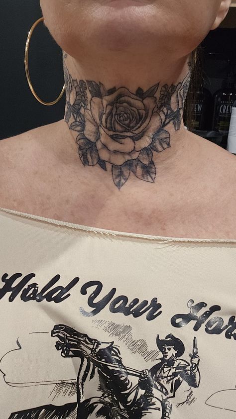 Floral Throat Tattoos Women, Collar Neck Tattoo, Rose Throat Tattoos Women, Rose Throat Tattoo, Throat Tattoos Women Simple, Neck Tattoos Women Throat, Throat Tattoos Women, Throat Tattoos, Rose Neck Tattoo