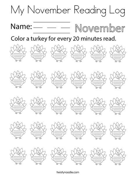 My November Reading Log Coloring Page - Twisty Noodle December Reading Log, October Kids, Monthly Reading Logs, December Reading, November Reading, October Reading, Thanksgiving Readings, Reading Homework, Reading Log Printable