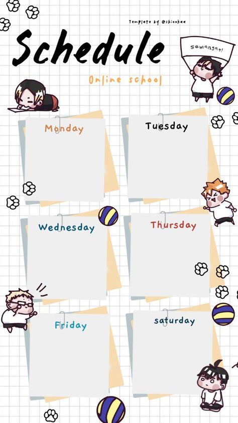 Haikyuu Planner, Schedules Aesthetic, Schedule Templates Anime, Fotografi Fesyen, Anime Schedule, Study Schedule Template, Class Schedule Template, Timetable Template, Materi Bahasa Jepang