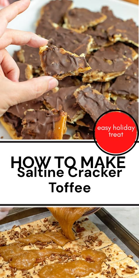 Saltine Cracker Toffee is a simple yet delicious treat that combines crunchy saltines with rich caramel and chocolate. This recipe features just four easy ingredients, making it perfect for parties or gift-giving during the holidays. Enjoy this sweet and salty snack that is hard to resist, perfect for any occasion. Cracker Toffee Club Crackers, Poor Mans Toffee, Salted Toffee Squares, Cracker Chocolate Bark Saltine Toffee, Saltiness Cracker Toffee, Toffee Saltines, Toffee Recipe With Crackers, Heath Bar Recipes, Candy Appetizers