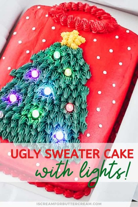 Cake With Lights, Ugly Christmas Sweater Cake, Ugly Sweater Cake, Sweater Cake, Holiday Cake Decorating, Christmas Cupcakes Decoration, Holiday Cake, Christmas Cake Decorations, Ugly Christmas Sweater Party