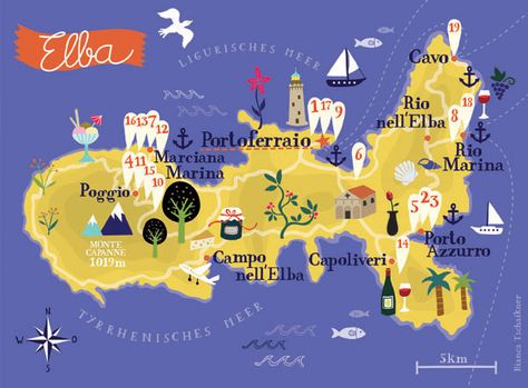 Illustrated Map of Elba on Behance Elba Italy, Positano Hotels, Elba Island, Retro Map, Illustrated Maps, Pictorial Maps, Map Illustration, Travel Things, Travel Around Europe