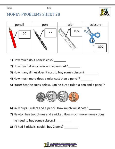 Money Worksheets 1st Grade, Worksheets 1st Grade, Money Math Worksheets, Money Word Problems, Printable Money, Money Math, Money Worksheets, 2b Pencil, Money Problems