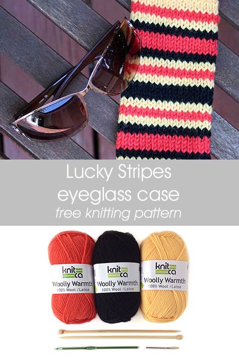 Lucky Stripes Eyeglass Case - free knitting pattern - Knitca Knitted Glasses Case Free Pattern, Knitted Glasses Case, Knit Glasses Case, Mattress Stitch, Bright Stripes, Macrame Bag, Bind Off, Stockinette Stitch, Free Knitting Pattern