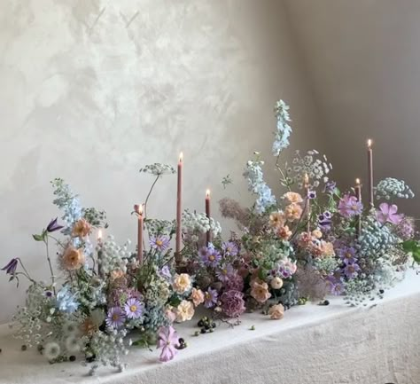 Dusty Blue Lilac Bouquet, Floral Arrangements Wedding Table Decor, Chuppah Floral Installation, Pastel Flowers Arrangements, Flower Display Wedding, Wedding Table Floral Runner, Bridgerton Floral Arrangements, Summer Flower Arrangements Wedding, Whimsical Wedding Color Palette