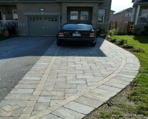 Driveway With Side Parking, Blacktop Driveway With Paver Border, Interlock Driveway Extension, Extend Driveway With Pavers, Split Driveway Ideas, Extending Driveway With Pavers, Patio Next To Driveway, Extend Driveway Ideas, Driveway Widening Ideas