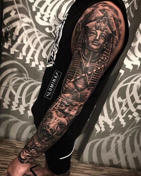 Awesome full sleeve done at @lumina_tattoo_studio by fredy_lumina🔥 swipe for another side 👉. Call the shop or stop by to set up appointment… Legs Tats, Mythical Tattoos, Pharoah Tattoo, Pharaoh Tattoo, African Sleeve Tattoo, Egypt Tattoo Design, Egyptian Tattoo Sleeve, Anubis Tattoo, Skull Sleeve Tattoos