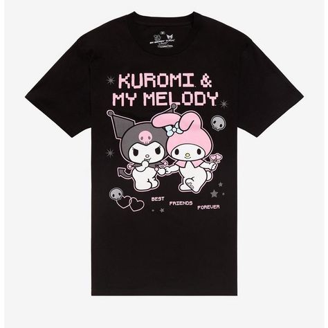 My Melody & Kuromi T-Shirt Black Xl New Condition: New Size: Xl Color: Black My Melody And Kuromi Would Definitely Make It On Our Top Friends List! This Sanrio Tee Is Bringing Back Those Cyber-Scene Vibes. This Black Tee Features The Duo Surrounded By Stars And Skulls, With Their Names And "Best Friends Forever" In A Pink, Pixelated Text Design. Please Note: This Style Runs Large; Size Down For A Tighter Fit. 100% Cotton Wash Cold; Dry Low Imported Black My Melody, Kuromi T Shirt, My Melody And Kuromi, Melody And Kuromi, Uniqlo Shirt, Kitty Cafe, Pop Pop Shirts, Friends List, My Melody Kuromi