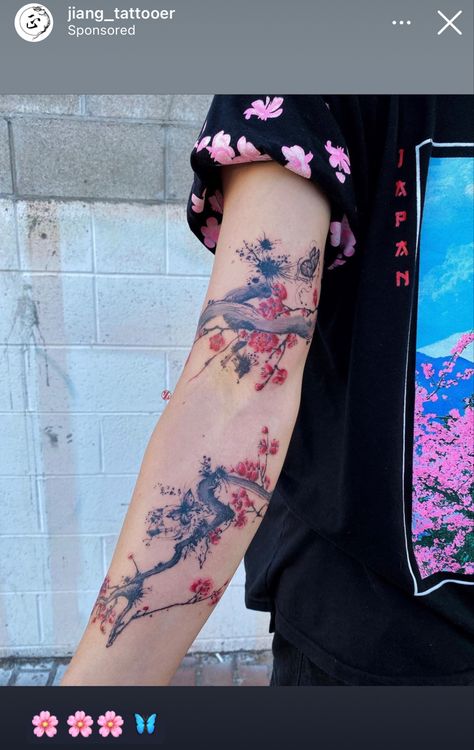 tattoo cherry blossoms color arm jiang_tattooed wrap tat Tattoo Cherry Blossoms, Casual Y2k Outfits, Girly Sleeve Tattoo, Tattoo Cherry Blossom, Couple Y2k, Tattoo Cherry, Arm Wrap Tattoo, Christmas Y2k, Letters Tattoo