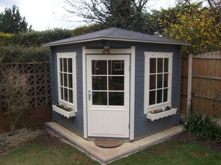 Completed Jos 28m corner log cabin Garden Shed Colours, Corner Sheds, Log Cabin Floor Plans, Corner Log Cabins, Corner Summer House, Small Log Cabin, Summer House Garden, Build A Playhouse, Shed Colours