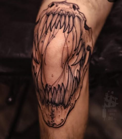 ... Jaw Bone Tattoo Knee, Animal Jaw Tattoo, Skull Elbow Tattoo, Knee Skull Tattoo, Above Knee Tattoo Men, Knee Tattoo Men, Legs Tattoos, Wicca Tattoo, Tattoo Knee