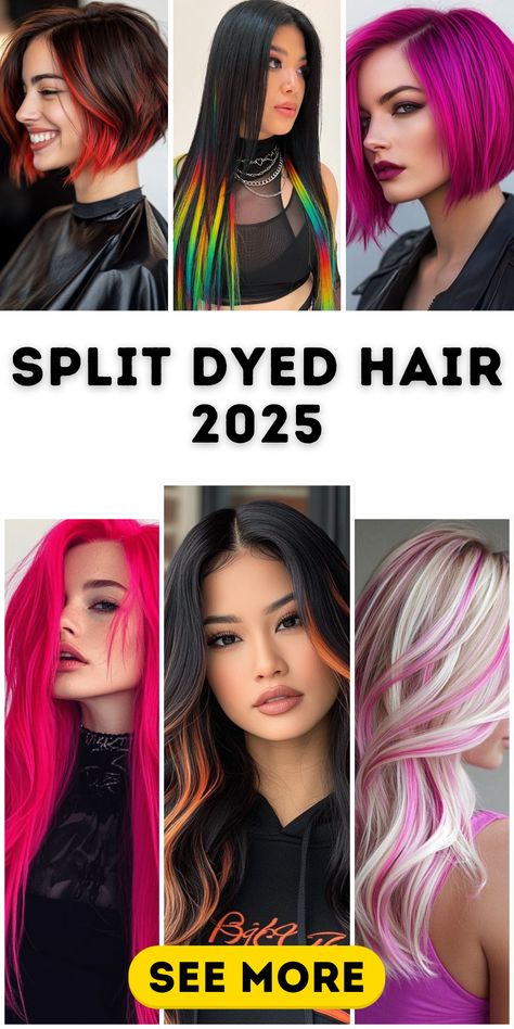 Achieve a bold new look with Split Dyed Hair 2025: 22 Cute and Aesthetic Styles. From black and blonde to red and blonde, these ideas suit short, long, and curly hair. Add bangs or a side part for extra personality, or embrace an underneath blonde aesthetic. Inspired by Melanie Martinez, this trend combines natural colors with vibrant shades for a stylish transformation. Two Dyed Hair Colors, Self Dyed Hair, Hair Color Ideas For Women In 30s, Pink And Purple Split Dye, Hair Dye Colors For Short Hair, Black Hair With Pink Underneath, Short Hair Color Ideas Unique, Underneath Dyed Hair, Split Hair Color Ideas