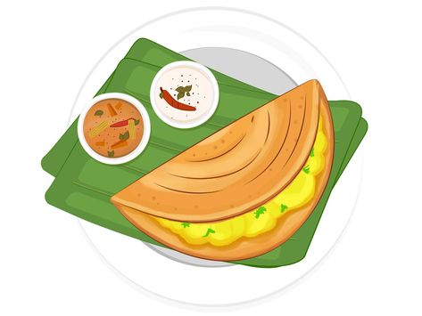 Dosa Illustration #Dribbble #diseno🍸. South Indian Food Drawing, Dosa Illustration Art, Indian Food Logo Design Ideas, South Indian Restaurant Logo, South Indian Food Illustration, Indian Food Cartoon, Dosa Illustration, Dosa Drawing, Indian Food Doodle