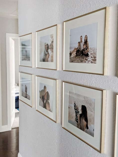 Gold Frame Gallery Wall, Minimalist Picture Frames, Family Photo Wall, Photo Wall Decor, Photo Wall Gallery, Gallery Wall Living Room, Modern Pictures, Gold Frames, Gallery Wall Frames