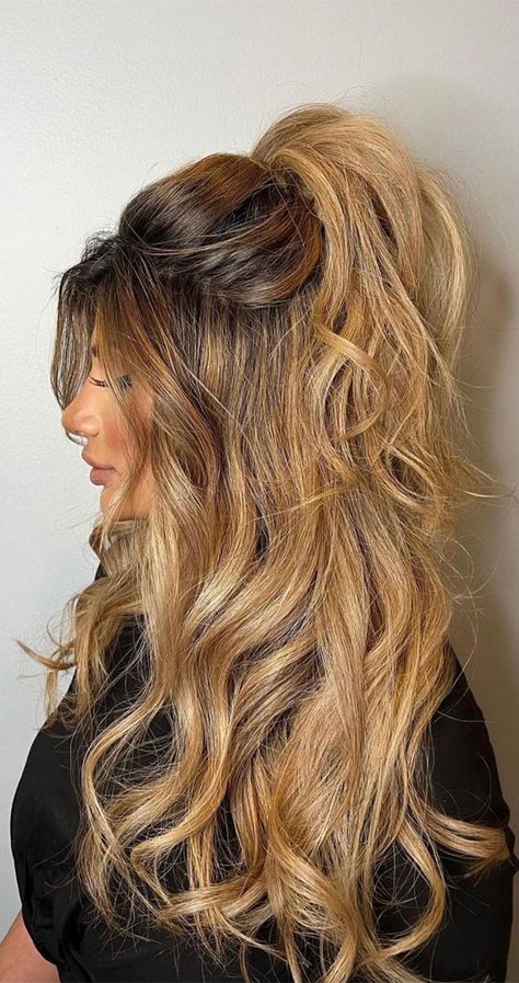 Hairstyles With Curtain Bangs, Hair Half Up Half Down, Wedding Hair Half, Hairstyles Homecoming, Hair Half Up, Bridesmaid Hairstyles Half Up Half Down, Half Up Half Down Hairstyles, Long Hair Wedding Styles, Wedding Hairstyles Half Up Half Down