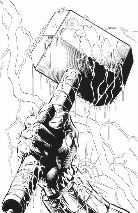 Mjolnir (/ˈmjɒln(i)ər/ myol-n(ee)r) is a fictional weapon that appears in the Marvel Comics universe. Created by Stan Lee, Jack Kirby, and Joe Sinnott it first appears in Journey into Mystery #83 in 1962. Favored weapon of Thor, Mjolnir is typically depicted as a large, square-headed gray Lump hammer. It has a short, round handle wrapped in brown leather, culminating in a looped lanyard. The object is based on Mjölnir, the weapon of the mythical Norse god. The hammer's name translates as "The Cr Thor Hammer Tattoo, Hammer Drawing, Thor Tattoo, Hammer Tattoo, Drawing Marvel, Avengers Tattoo, Thor Art, Mike Deodato, Draw Comics