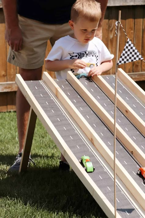 Race Car Ramp Diy, Cars Themed Birthday Party Games, Hot Wheels 3rd Birthday Party, Race Car Theme Party Games, Car Themed Birthday Party Activities, Hot Wheels Birthday Activities, Car Themed Birthday Party Ideas, Racing Party Games, Speed Limit 3 Birthday