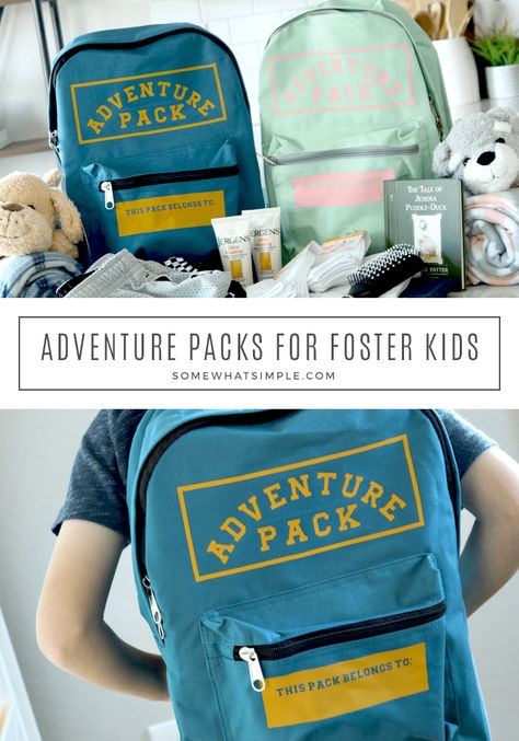 A fun Adventure Pack that provides comfort for foster kids, and a special way to carry their belongings. #service #family #idea #randomacts #kindness #fostercare via @somewhatsimple Foster Care Backpacks, Foster Care Bags, Kids Care Package, Foster Kid, Family Gift Baskets, Becoming A Foster Parent, Welcome Basket, Adventure Pack, Foster Kids