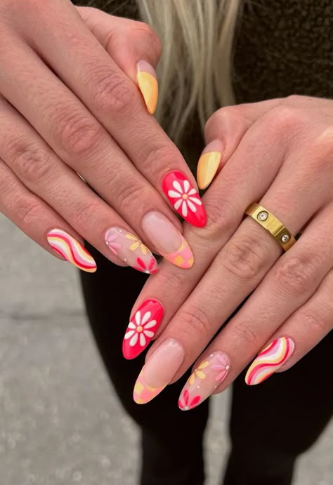 Bright Funky Summer Nails, Summer Birthday Nails, Victoria Nails, Funky Summer Nails, Multi Color Nails, Colourful Acrylic Nails, Teen Nails, Nail Piercing, Brown Acrylic Nails