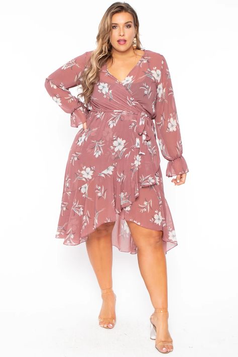 Plus Size Sheer Floral Wrap Dress - Mauve– Curvy Sense Brunch Outfit Spring, Easter Dresses For Toddlers, Affordable Plus Size Clothing, Plum Dress, Mauve Dress, Curvy Dress, Wrap Dress Floral, Woven Dress, Guest Dresses