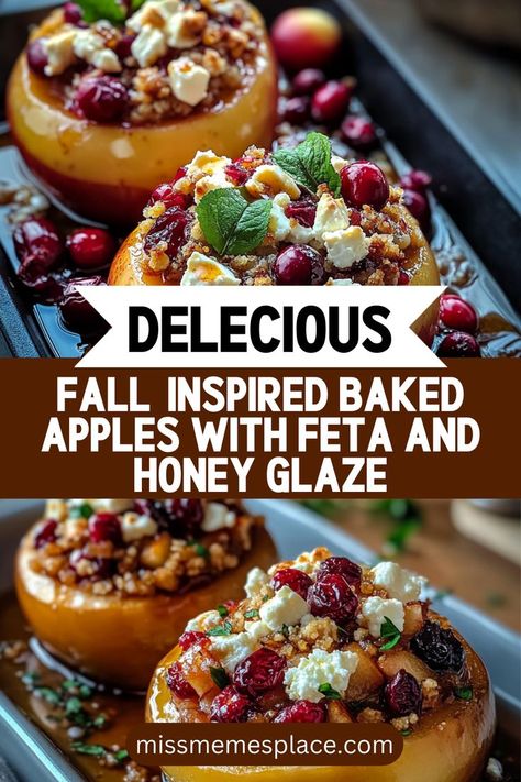 Celebrate the flavors of fall with these Fall-Inspired Baked Apples drizzled with a luscious honey glaze and stuffed with feta cheese and cranberries. This delightful dish is perfect for any occasion, from holiday dinners to casual family gatherings. The sweet aroma of cinnamon and honey wafts through your kitchen as the apples bake to golden perfection. Enjoy them warm with a scoop of vanilla ice cream or simply by themselves for a nutritious treat. Feta And Honey, Feta Honey, Fruit Stuffing, Frozen Cranberries, Holiday Dinners, Honey Glaze, Dessert Options, Stuffing Recipes, Quick Weeknight Meals