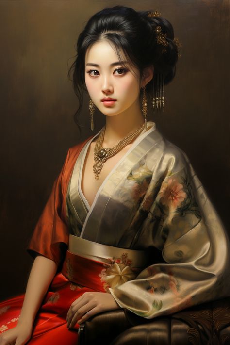 Princess Akiko embodies an elegant and delicate appearance that aligns with traditional Japanese beauty ideals. She boasts an olive complexion, delicate features, and graceful mannerisms. Her long black hair is adorned with a traditional Japanese hairpin, and her large brown eyes exude both wisdom and elegance. She frequently dons traditional Japanese kimonos, moving gracefully in these garments. Japanese Princess Haircut, Traditional Japanese Hairpin, Traditional Japanese Hairstyle, Kimono Hairstyle, Japanese Hairstyle Traditional, Sea Kingdom, Japanese Hairpin, Japanese Hairstyles, Asian Princess