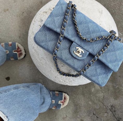 Denim Chanel, Denim Aesthetic, Chanel Print, Canadian Tuxedo, Chanel Flap Bag, Denim Quilt, Classic Flap Bag, Stylish Purse, All Jeans