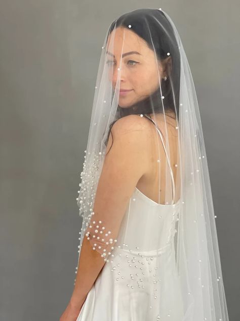 Bridal veil with pearls Wedding pearl veil Cathedral fingertip - Etsy Украина Pearly Long Veil, Pearl Veil Cathedral, Veil With Pearls, Fingertip Wedding Veils, Plain Wedding Dress, Veil Cathedral, Pearl Veil, Pearls Wedding, Chapel Veil