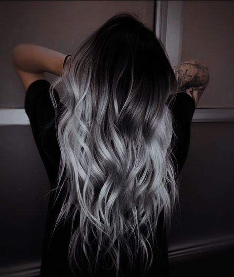 Black Hair With Blonde Highlights, Silver Ombre Hair, Black And Grey Hair, Balayage Straight, Black Hair Balayage, Hair Color Underneath, Vivid Hair Color, Hair Silver, Creative Hair Color