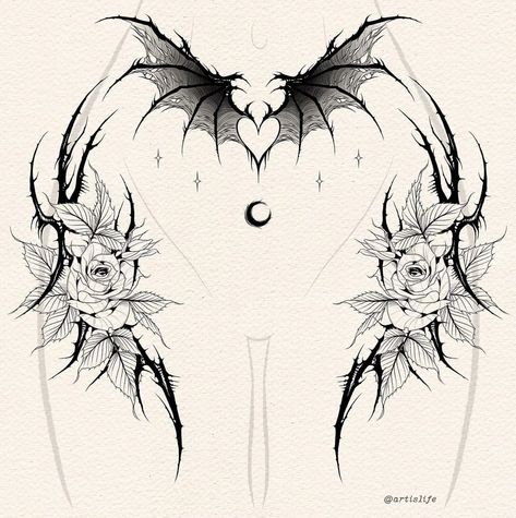 Body Tattoos For Women Chest, Skeleton Tattoo On Thigh, Gothic Belly Tattoo, Collar Bone Tattoo Sketch, Tattoos For Stomach For Women, Horror Tramp Stamp, Goth Tattoo Aesthetic, Underbum Tattoos Women, Knee Spiderweb Tattoo