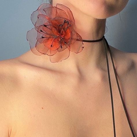 Flower Neck Accessories, Organza Accessories, Neck Flower Choker, Burned Flower, Sewn Flowers, Organza Jewelry, Fabric Flower Necklace, Neck Flower, Red Hibiscus