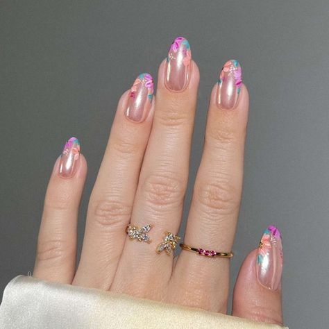 Chrime Nails, Nail Kit Gift, Amazon Items, Pink Chrome Nails, Floral Nail Designs, Cute Spring Nails, Pretty Nail Designs, Great Nails, Trendy Nail Design