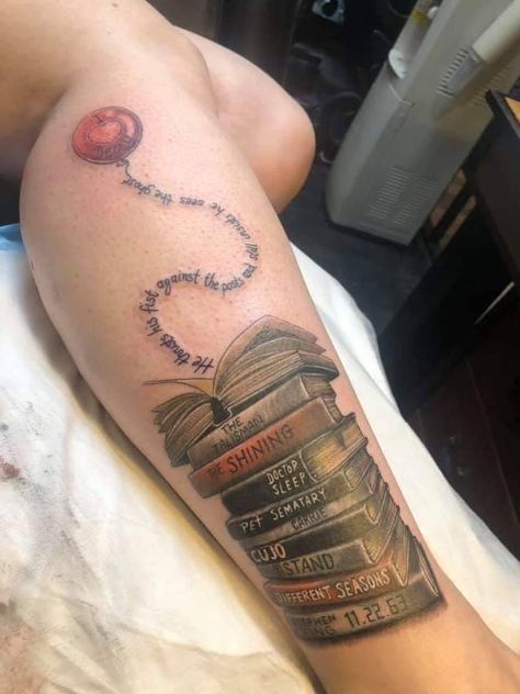 Stephen King Inspired Tattoos, Horror Book Tattoo Ideas, Horror Book Tattoo, Stephen King Tattoo Ideas, Pet Sematary Tattoo, Book Themed Tattoos, Stephen King Tattoos, Tower Tattoo, Leg Tats