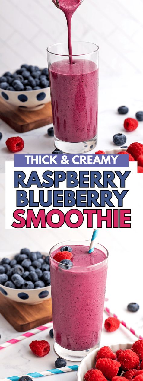 Creamy and perfectly sweet, this raspberry blueberry smoothie is easy to make with simple ingredients. A 5 minute refreshing smoothie and beautiful vibrant color. This blueberry and raspberry smoothie is a great way to get in daily servings of fruit with minimal ingredients. Gluten Free with Dairy Free and Vegan Options. Raspberry Smoothie Healthy, Blueberry Raspberry Smoothie, Dessert Shakes, Yogurt Protein Shake, Fruits With Protein, Raspberry Smoothie Recipes, Paleo Smoothies, Smoothie Without Yogurt, Blueberry Smoothie Recipe